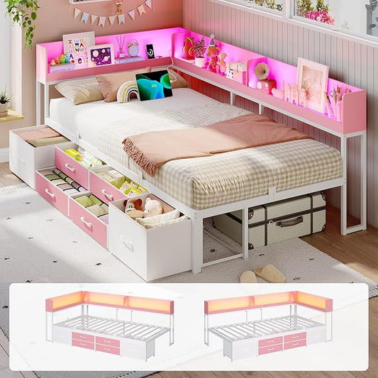 VIAGDO Corner Bed Frame with Storage Bookcase and 6 Drawers, Twin XL Metal Platform Corner Bed Frame with LED Lights and Charging Station, Twin XL Daybed for Kids Teenagers, Pink