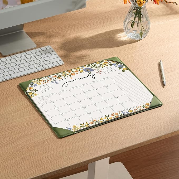 Desk Calendar 2026 with Desktop Mat, Cabbrix Large Desk Pad Calendar 15 x 12 Inch Runs From January 2026 to June 2027, Floral Design Calendar 2026 for Home School and Office (Green)