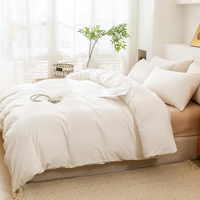 ECOCOTT 100% Washed Cotton Duvet Cover Twin Size – Soft & Breathable Linen Feel Bedding Set, 3 Pieces White Comforter Cover with Zipper Closure for All Seasons