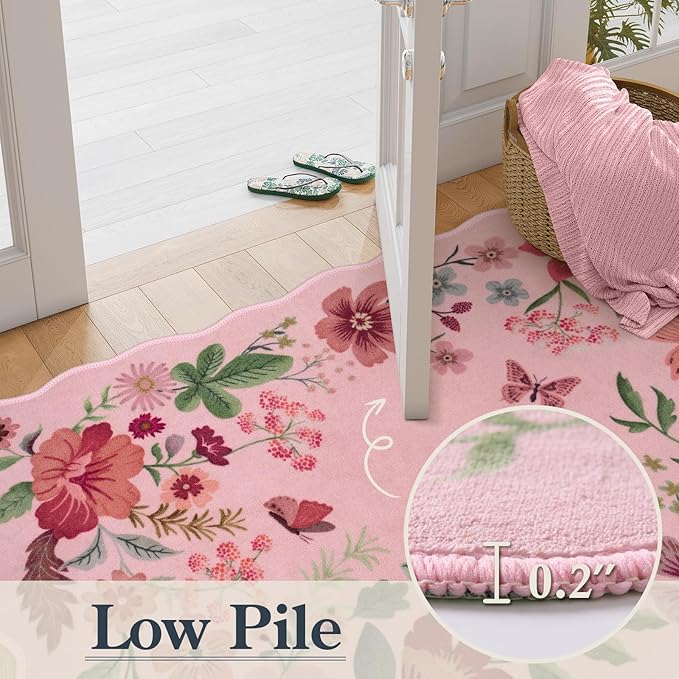 Lahome Floral Living Room Rugs, Pink Area Rugs 5x7 Rug for Bedroom Ultra-Thin Soft Rug, Non-Slip Washable Rugs Stain Resistant Throw Boho Rug for ‎‎Nursery Playroom Classroom (5x7ft, Pink)