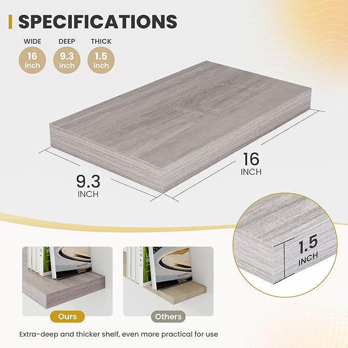 16 Inch Floating Shelves, 9.3" Deep Floating Shelf Wall Mounted, 16" Wall Shelves, Rustic Deep Bookshelf, Large Display Shelves & Storage Shelves for Bedroom, Living Room, Grey, Set of 2