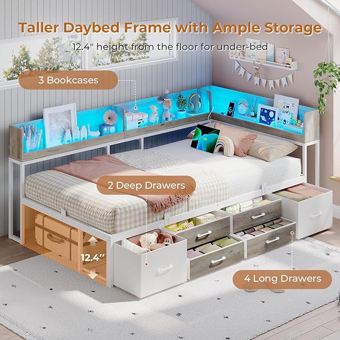 VIAGDO Corner Bed Frame with Storage Bookcase and 6 Drawers, Twin Metal Platform Corner Bed Frame with LED Lights and Charging Station, Twin Daybed for Kids Teenagers, White & Grey