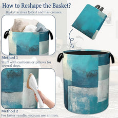 Turquoise Grey Abstract Art Painting Laundry Basket,Foldable Oxford Cloth Geometric Laundry Hamper with Handles, 20.8