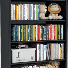 Black Bookshelf, 55” Adjustable Tall Metal Bookshelf, 5-Tier Toy Storage Organizer with Anti-Tilt Device, Modern Book Cases and Book Shelves for Bedroom, Playroom, Classroom, Study