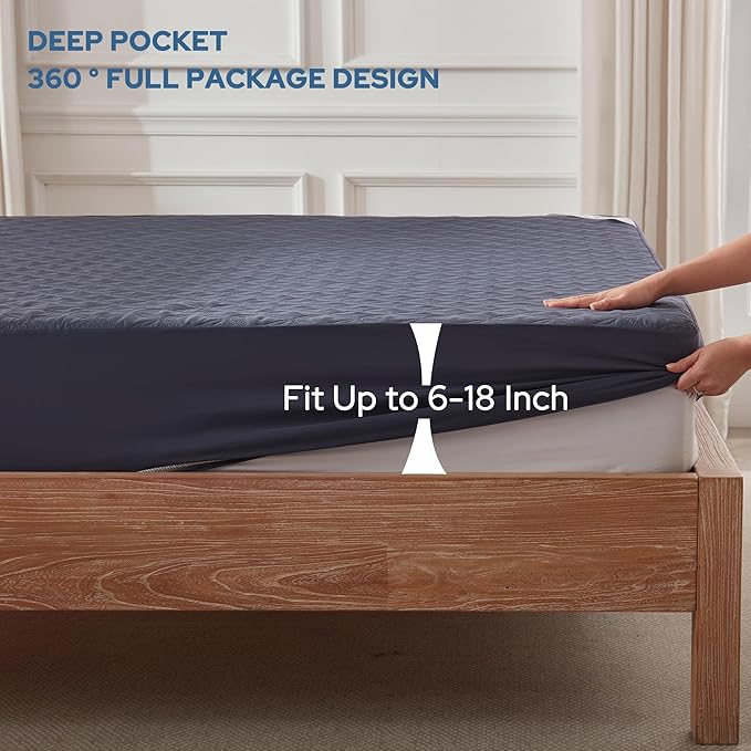 BEDLORE 2 Pack Waterproof Mattress Protector, King Size Pad with Deep Pocket 6"-18" Depth, Soft Breathable Dirt Proof Single Bed Mattress Cover for Bedroom, Dorm Room (Navy Blue)