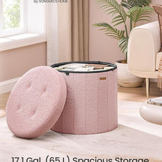 SONGMICS Mazie Collection - Round Storage Ottoman, Folding Footrest Stool with Removable Lid, Easy Assembly, Teddy Fleece Vanity Stool for Bedroom, Living Room, Entryway, Jelly Pink ULSF606R01