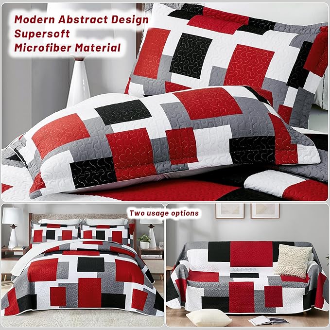 3 Piece Red Black Grey Quilt Set King Size Christmas Red Black Geometric Reversible Bedding Set Microfiber Lightweight Bedspread Coverlet with 2 Shams Modern Bed Cover for All Season, 106''x96''
