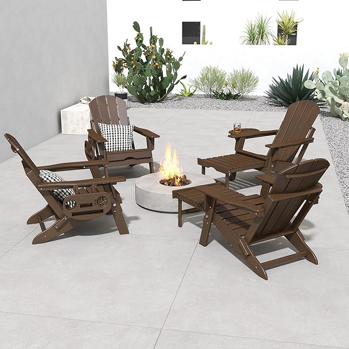 FOOWIN Folding Adjustable Adirondack Chair with Retractable Ottoman Set of 2, HDPE Adirondack Chair w/4 in 1 Cup Holder Trays,All-Weather Resistant Fire Pit Chair for Outdoor Patio Lawn, Coffee