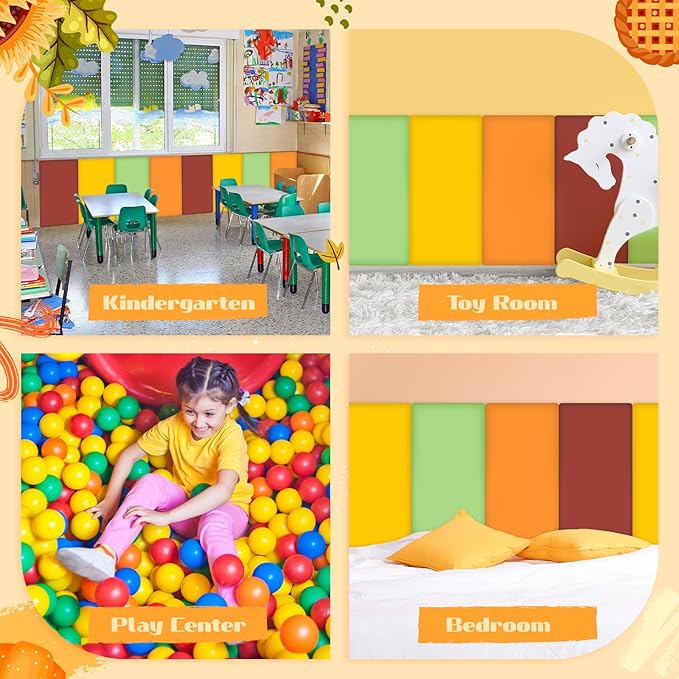 12 Pack Wall Padding for Playroom Peel and Stick Headboard 15.75" x 7.87" x 1.18" 3D Anti Collision Upholstered Wall Panels Self Adhesive Headboard Panel for Protection (Orange Yellow Colors)