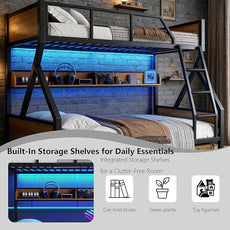 Full XL over Queen Bunk Bed with Storage Shelves, Metal Bunk Beds with Ladders and LED Lights, Heavy-duty Bunkbed for Bedrooms, Guest Rooms and Dorms, No Box Spring Needed and Noise-free Design, Black