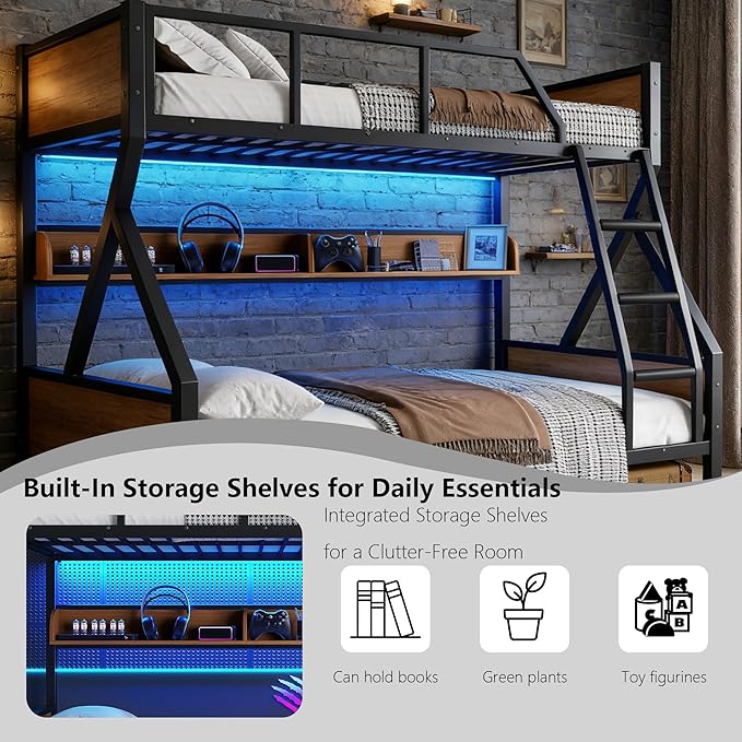 Full XL over Queen Bunk Bed with Storage Shelves, Metal Bunk Beds with Ladders and LED Lights, Heavy-duty Bunkbed for Bedrooms, Guest Rooms and Dorms, No Box Spring Needed and Noise-free Design, Black