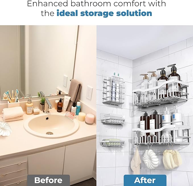 Fab Glass and Mirror Shower Caddy Pack of 5, white - Shower Organizer and Shelves for Efficient Storage, Wall Mounted Bathroom Caddy, Wall Organizer