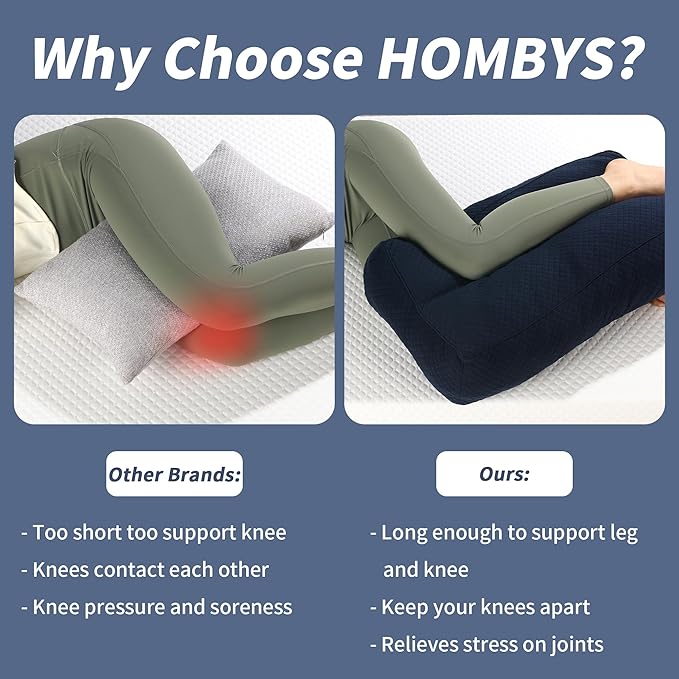 HOMBYS Shredded Memory Foam Knee Pillow for Side Sleepers, 6.5" Height Pillow Between Legs for Aligns Spine & Relieves Pressure Hip & Leg Elevation, Supportive Pillow for Pregnancy, Sciatica, Navy