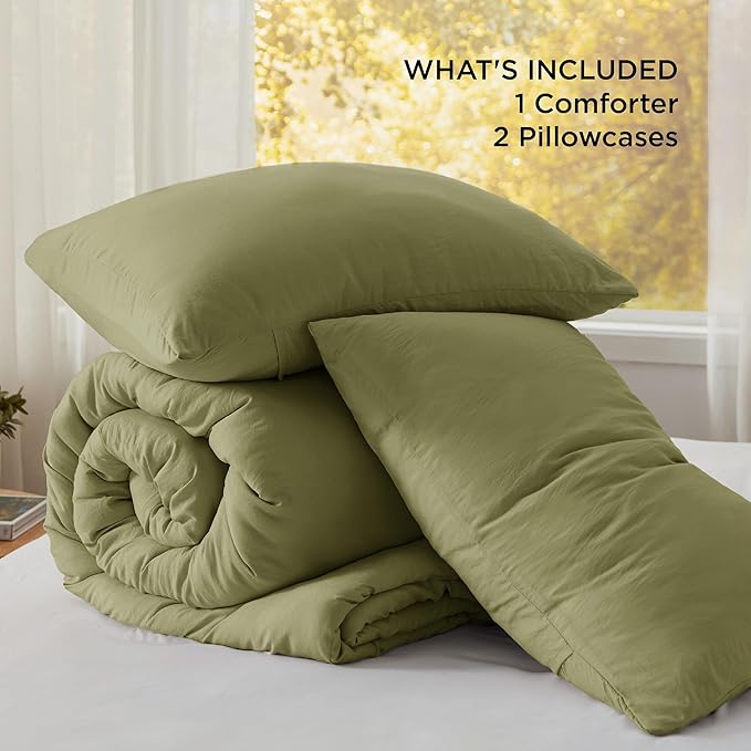 Bedsure King Size Comforter Set, Olive Green Soft Prewashed Bedding for All Seasons, 3 Pieces GentleSoft™ Warm Down Alternative Bed Set, 1 Lightweight Comforter (104"x90") and 2 Pillowcases (20"x36")