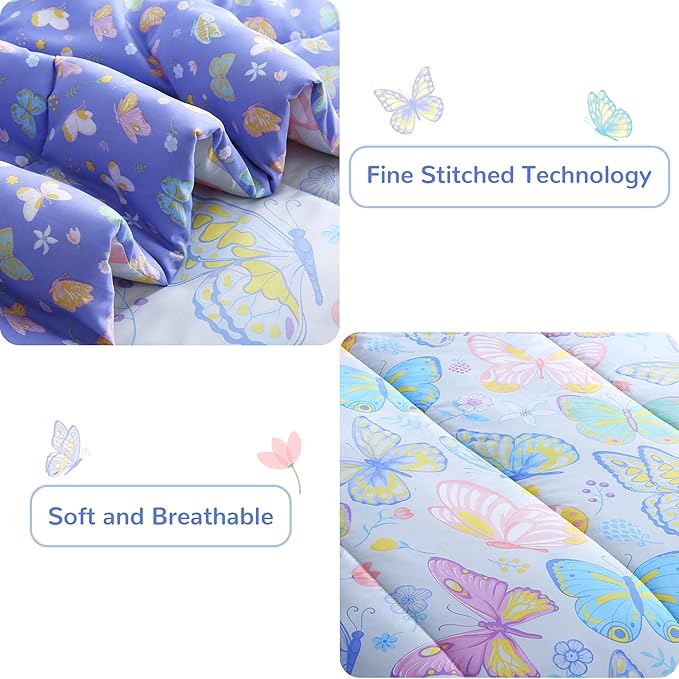 Viviland Kids Full Bedding Sets for Girls, Soft Full Comforter Set with Sheets, 7 Pieces Microfiber Bed in a Bag, Colorful Butterfly