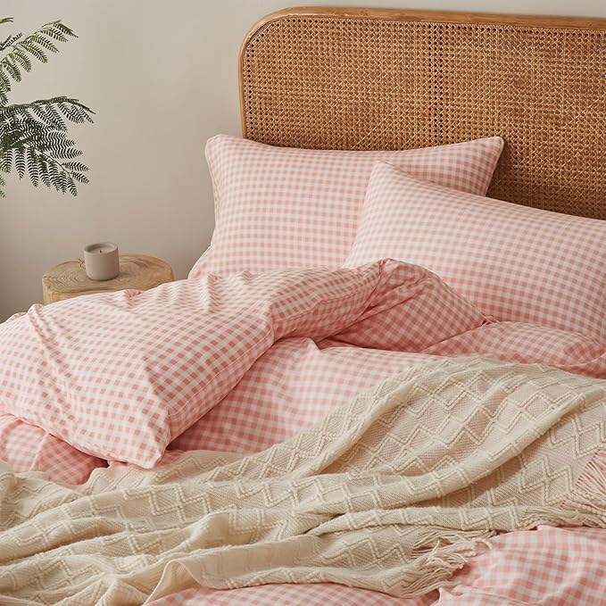 Gingham Duvet Cover Full Size 3Pcs Pink Plaid Checkered Bedding Set Soft Breathable Washed Microfiber Grid Comforter Cover Lightweight Farmhouse Bedroom Decor Gifts for Women Girls Teens