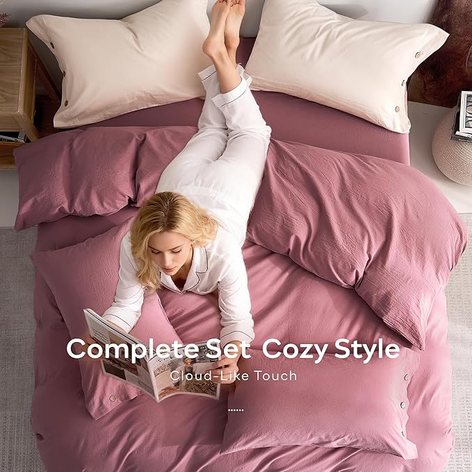 JELLYMONI 100% Washed Cotton Duvet Cover Twin – Soft, Breathable Linen-Look Bedding with Natural Wrinkle Texture, Button Closure, 3-Piece Set (Deep Rose, 68"x90")