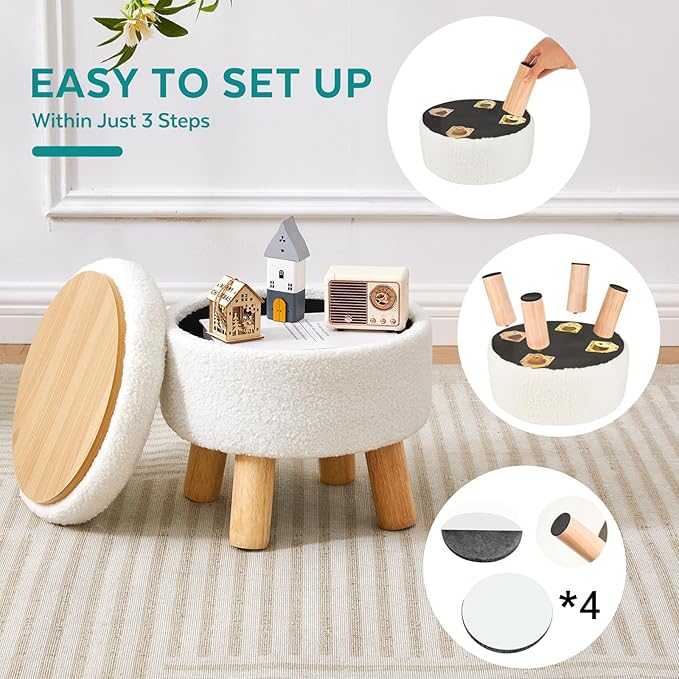 Small Ottoman with Storage, Small Storage Ottoman Round, Sherpa Foot Stool with Legs, Ottomans and Footstools for Living Room and Entryway (White)