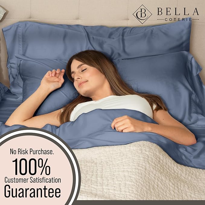Bella Coterie 6 Piece Luxury Bamboo Viscose Split Top King Size Sheet Set | 34" Split for Adjustable Beds | 100% Organically Grown| Cooling | 18” Deep Pocket | 4 Pillowcases [Slate Blue]