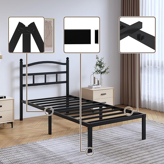 Metal Bed Frame with Headboard - 14 Inch Twin XL Size Heavy Duty Bedframe Black Basic Steel Slats Platform No Box Spring Needed/Easy Assembly/Noise Free