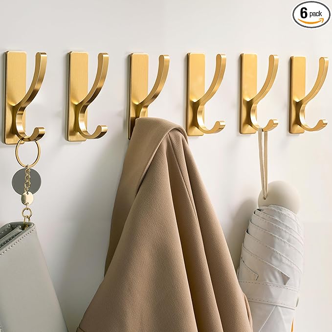 pickpiff Adhesive Wall Hooks for Towels - Sticky Hook Hanging Heavy Duty (13lb), Hanger for Door, Bathroom, Dorm, Closet - for Coats, Purse, Bag, Robe - No Damage to Wall - Brushed Gold 6 Pack