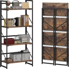 JSB No Assembly Folding Bookshelf, 4 Tier Industrial Metal Book Shelf for Storage, Vintage Wood Foldable Bookcase for Living Room, Bedroom, Office Organization Shelves