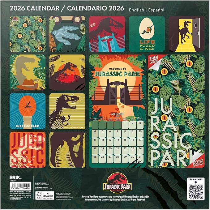 Jurassic Park Wall Calendar 2026 12" x 12" FSC® Plastic Free - Starts Week On Sunday | Family Planner Dinosaur Calendar 2026 | Jurassic World