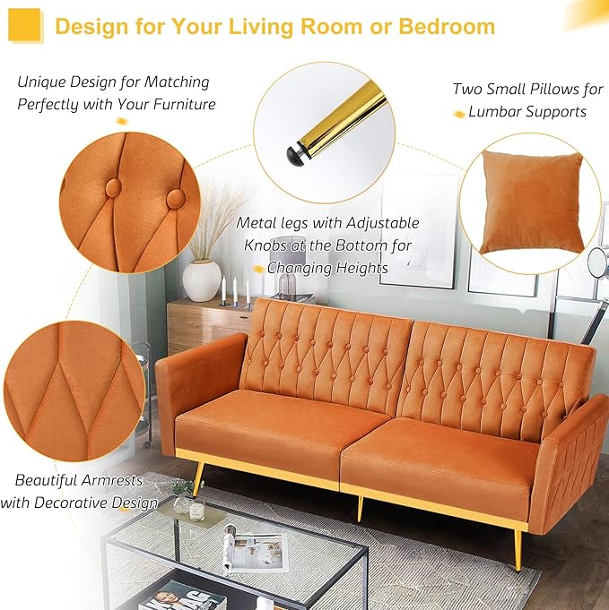70” Velvet Futon Sofa Bed w/Adjustable Armrests & 2 Pillows, Convertible Futon Couch w/Adjustable Backrests, Modern Sleeper Bed for Living Room, Bedroom, Orange