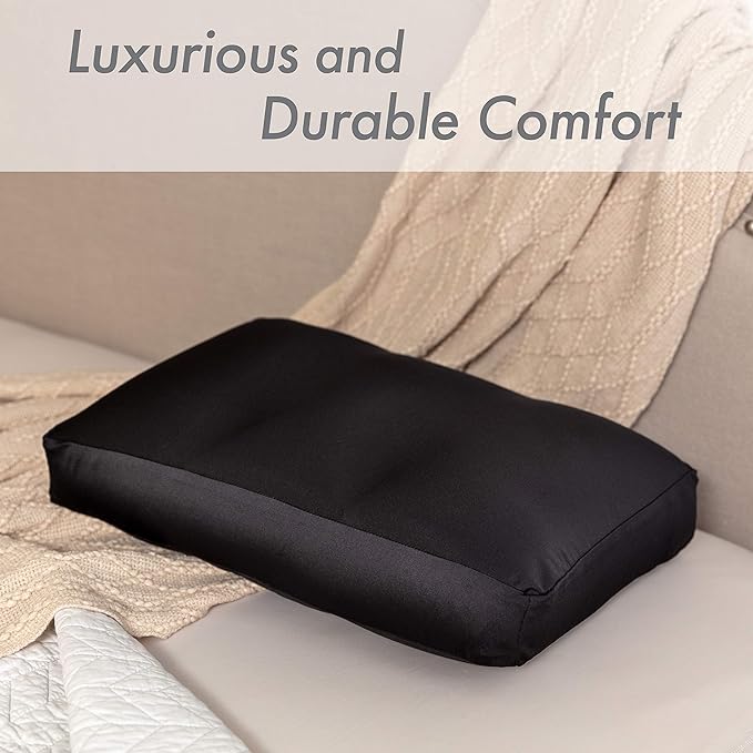 PILLOWY Premium Microbead Bed Pillow, Medium Extra Fluffy But Supportive - Ultra Comfortable Sleep with Silk Like Anti Aging Cover 85% Spandex/ 15% Nylon Breathable, Cooling Matte Black