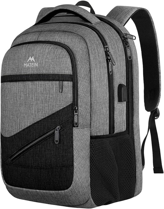 MATEIN 17 Inch Work Backpack for Men Women, Water Resistant Practical Travel Laptop Backpack with Trolley Sleeve, Casual College Daypack Laptop Compartment TSA Friendly, Grey Black