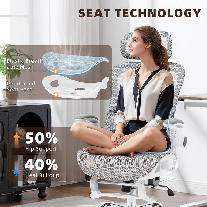 Ergonomic Office Chair, Adjustable High Back Desk Chair with Headrest Footrest 2D Lumbar Support - Executive Breathable Mesh Comfy Swivel Rolling Reclining Computer Task Chairs for Home Office Gaming