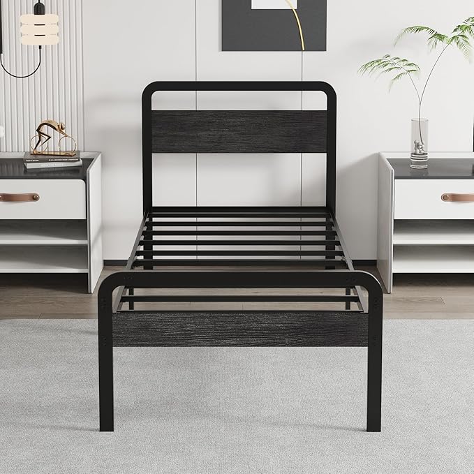 14 Inch Twin Size Bed Frames with Wooden Headboard and Footboard, Rustic Black Wood Bed Frame Twin No Box Spring Needed, Heavy Duty Mattress Foundation, Easy Assembly