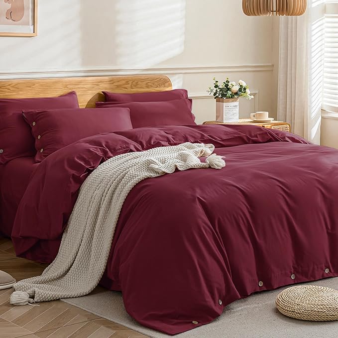 JELLYMONI Cotton Duvet Cover King Size - Burgundy Comforter Cover with Button 100% Washed Cotton 3PCS Breathable Soft Solid Bedding Set Duvet Cover 104×90in & 2 Pillowcases (NO Comforter)