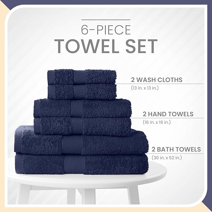 Martex 6-Piece Luxury 100% Cotton Towel Set | Quick Dry | Super Absorbent | Super Soft 100% Ringspun Cotton Towels | 2 Bath Towels | 2 Hand Towels | 2 Wash Cloths | Dark Blue