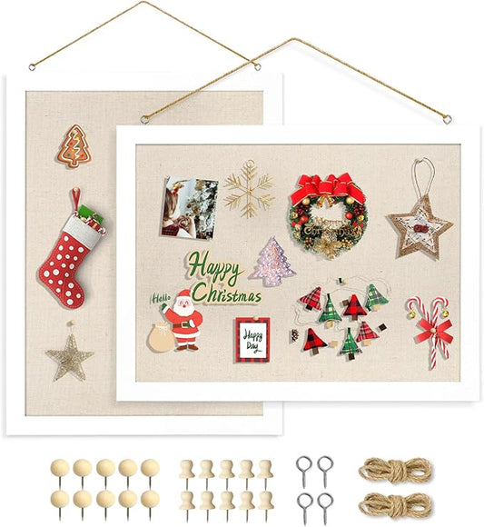 2-Pack Double-Sided Cork Board with Linen, 16" x 12" Hanging Wood Framed Bulletin Board, Picture Display Vision Board Kit Corkboards for Wall School Office Decor, 20 Pushpins (Vintage White)