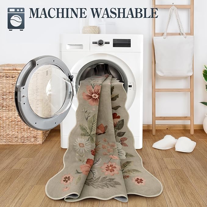 Lahome Floral Washable 6x9 Area Rugs, Soft Bedroom Rug for Living Room Ultra-Thin Non Slip Dining Room Rug, Stain Resistant Boho Rugs Easy Clean Throw Carpet for Office(6'x9',Brown)