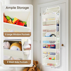 2 Pack Over The Door Organizer, Hanging Storage Organizer with Clear Window, 40lb Ultra Sturdy Large Capacity Room Organizer for Pantry Laundry Bathroom Nursery Closet (Beige)