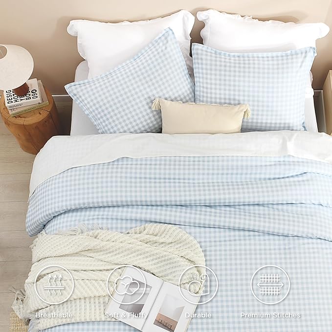 Andency Light Blue Gingham Comforter Set Twin(66x90Inch), Checkered Grid Plaid Buffalo Bed Set for Girls Boys Kids Teens, 2 Pieces Lightweight Microfiber Geometric Preppy Bedding