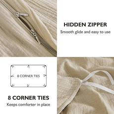 EMME Muslin Cotton Duvet Cover Set Light Tan King Size Linen Like Soft Breathable Lightweight Summer Comforter Cover Set with Zipper Closure (Light Tan, King, 104