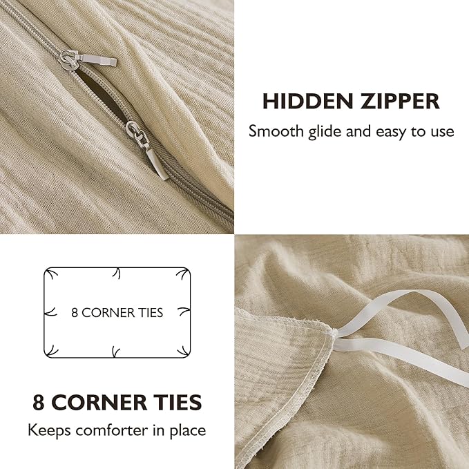 EMME Muslin Cotton Duvet Cover Set Light Tan King Size Linen Like Soft Breathable Lightweight Summer Comforter Cover Set with Zipper Closure (Light Tan, King, 104"x90")