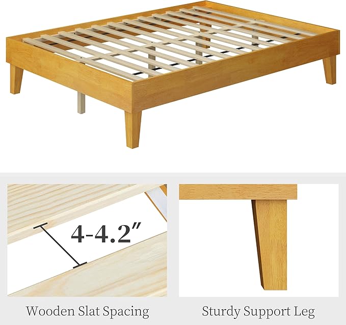 Yaheetech Full Bed Frame Natural Solid Wood Platform Bed with Wooden Slats Support, 12-inch Underbed Space for Storage, Noise-Free Design, Easy Assembly, Natural Wood Finish