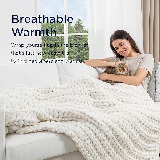 Maetoow Handmade 15 lb Soft Knitted Weighted Blanket, 48x 72 in Breathable Chunky Knit Gravity Blanket Throw, Home Decor for Sofa Couch Bed, Cream