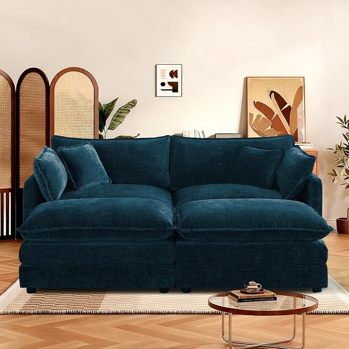 SoarFlash Chenille Sectional Sofa, Comfy Modular Coush Sofa with Ottoman, Modern 2 Seat Recliner Deep Seat Sofa Set for Living Room,Deep Blue