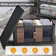 Extra Large Stackable Storage Bins with Lids & Wheels & Door, 960QT-160QT/40GAL*6Pack Foldable Collapsible Closet Organizers, Plastic containers Drawers for Bedroom Dorm