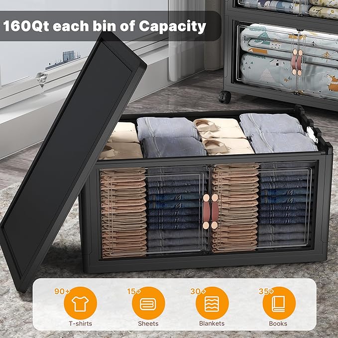 Extra Large Stackable Storage Bins with Lids & Wheels & Door, 960QT-160QT/40GAL*6Pack Foldable Collapsible Closet Organizers, Plastic containers Drawers for Bedroom Dorm