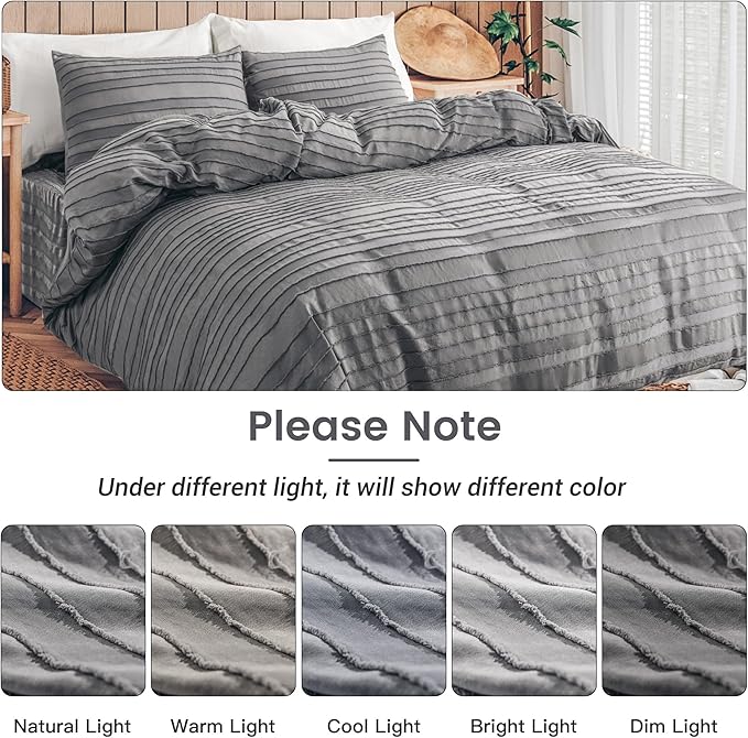 NEXHOME PRO Duvet Cover Queen Size, Grey 3 Pieces Boho Tufted Duvet Cover Set, Soft and Lightweight Microfiber Comforter Cover Set for All Season (Grey Queen, 90 x 90)-No Comforter