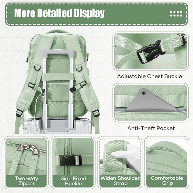 suwasp Vacuum Compression Travel Backpack with Electric Vacpack Pump, Vacuum Backpack Carry on Flight Approved, Personal Item Travel Storage Space Saver Bags for Women Men, Light Green