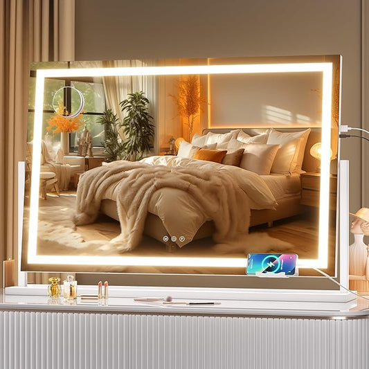Hasipu Vanity Mirror with Lights, 36" x 24" LED Makeup Mirror, Light up Mirror with 10X Magnification and Phone Holder, USB Charging Port, Smart Touch 3 Colors Dimmable (White)
