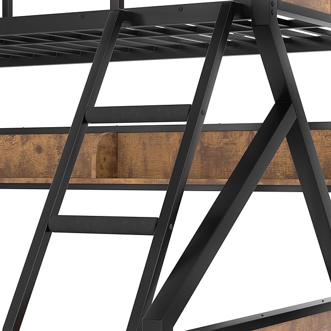 Twin XL over Queen Bunk Bed with Shelves, Metal Bunk Beds with Ladders and Lights, Heavy-duty Bunkbed for Bedrooms, Guest Rooms and Dorms, No Box Spring Needed and Noise-free Design, Woodgrain