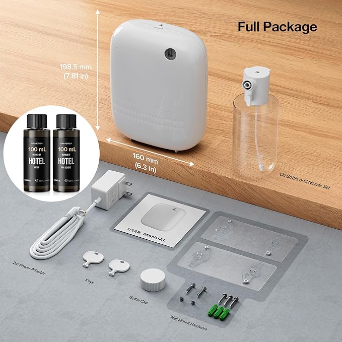 Smart Waterless Essential Oil Diffuser (400 mL Capacity) Starter Kit with 200mL Hotel Scent Fragrance Oils, Up to 2000 sq ft App Control Scent Air Machine with 12V1A Power Adapter, ANW Kit White